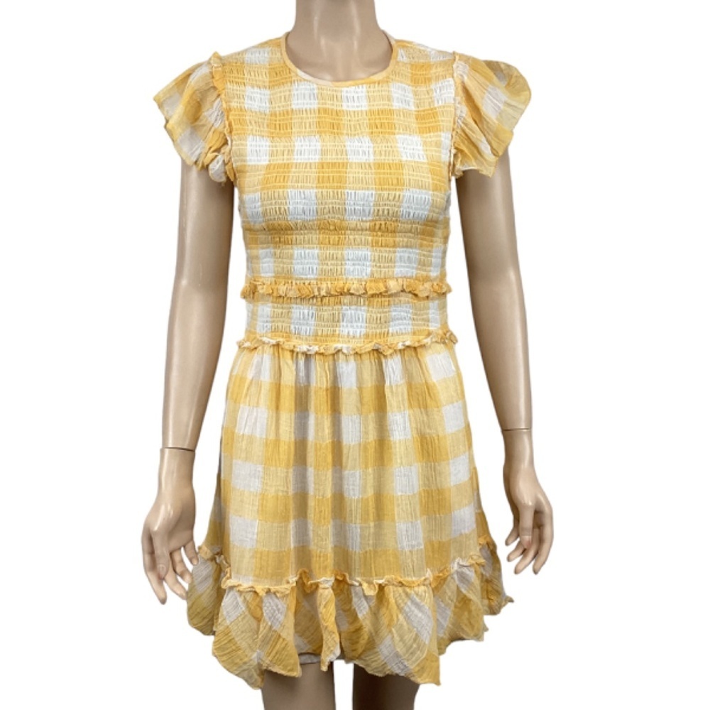 Saylor Saya Checkered Smocked Mini Dress size Medium Yellow & White Lined - Picture 2 of 11